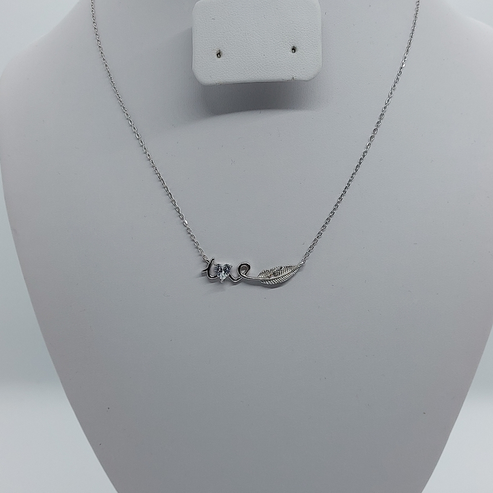 925 Sterling Silver Feather, Heart & Message Necklace,with CZ Simulated Diamonds